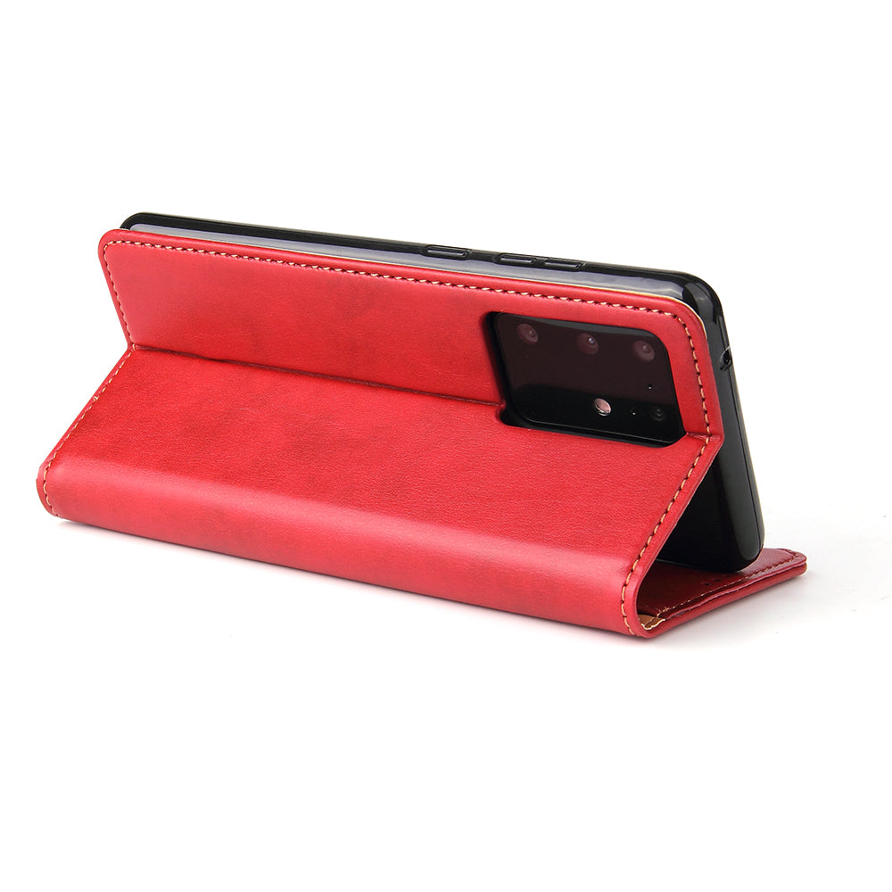 Textured Leather Wallet Stand Protection Case Shell for Samsung Galaxy S20 Ultra - Red