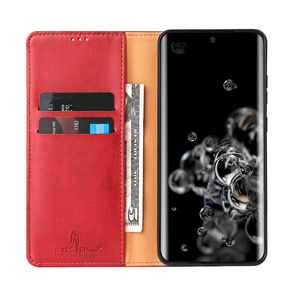 Textured Leather Wallet Stand Protection Case Shell for Samsung Galaxy S20 Ultra - Red