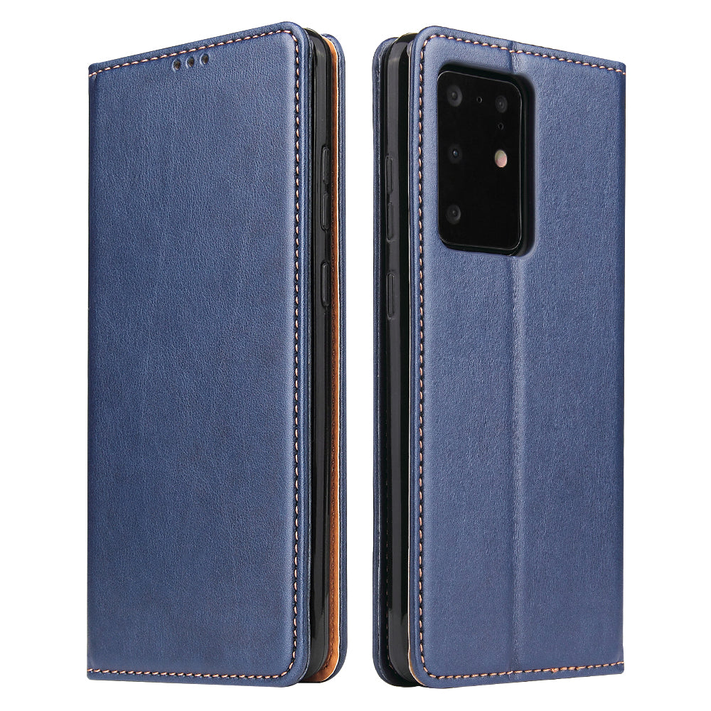 Textured Leather Wallet Stand Protection Case Shell for Samsung Galaxy S20 Ultra - Blue