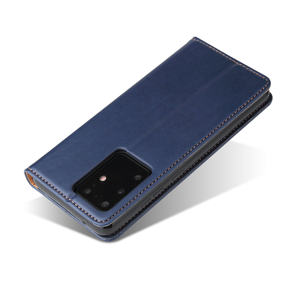 Textured Leather Wallet Stand Protection Case Shell for Samsung Galaxy S20 Ultra - Blue