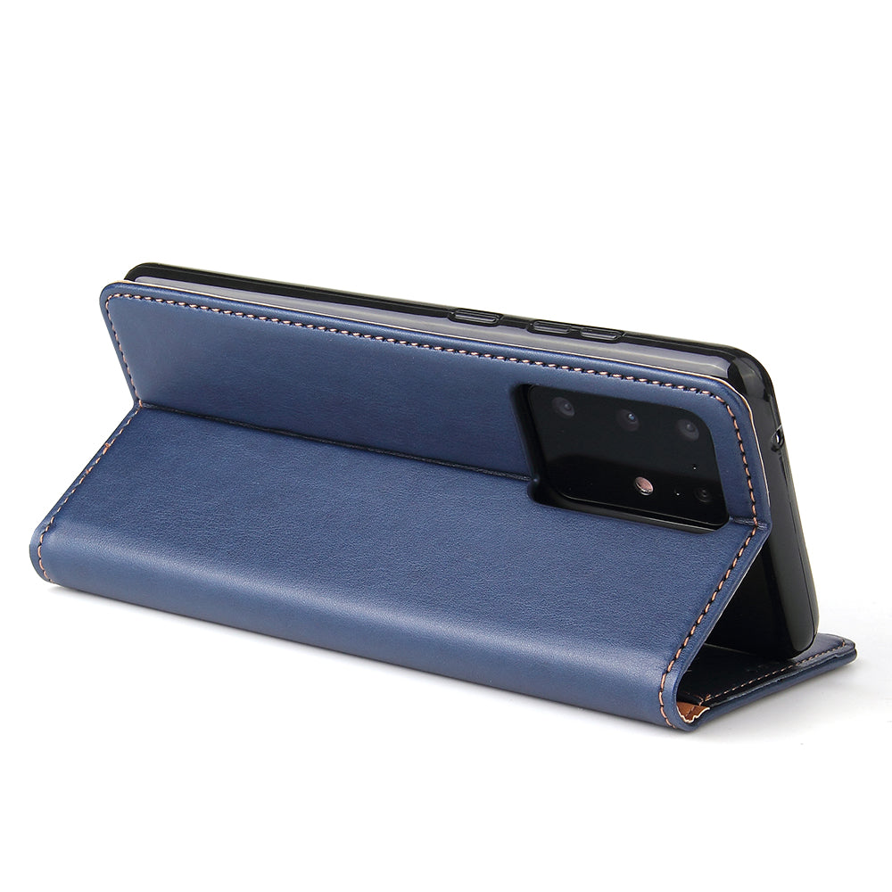 Textured Leather Wallet Stand Protection Case Shell for Samsung Galaxy S20 Ultra - Blue