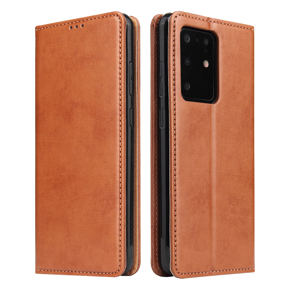 Textured Leather Wallet Stand Protection Case Shell for Samsung Galaxy S20 Ultra - Brown