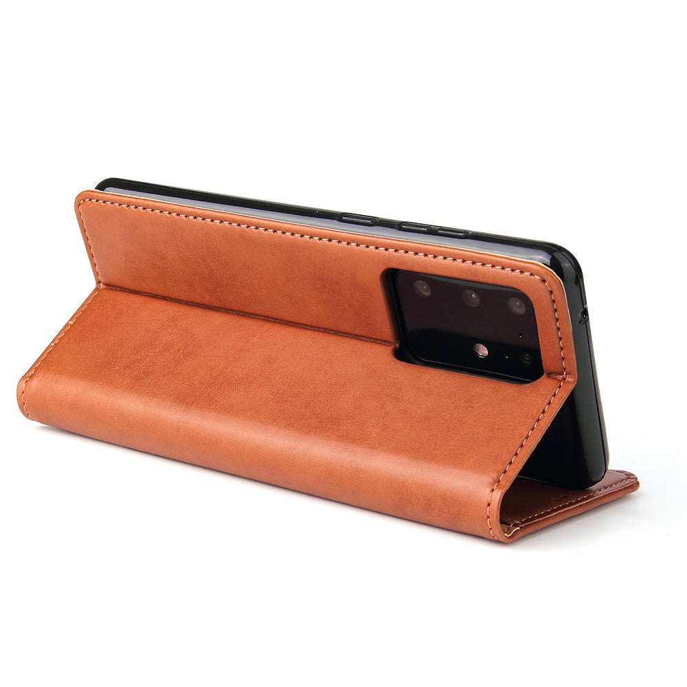 Textured Leather Wallet Stand Protection Case Shell for Samsung Galaxy S20 Ultra - Brown