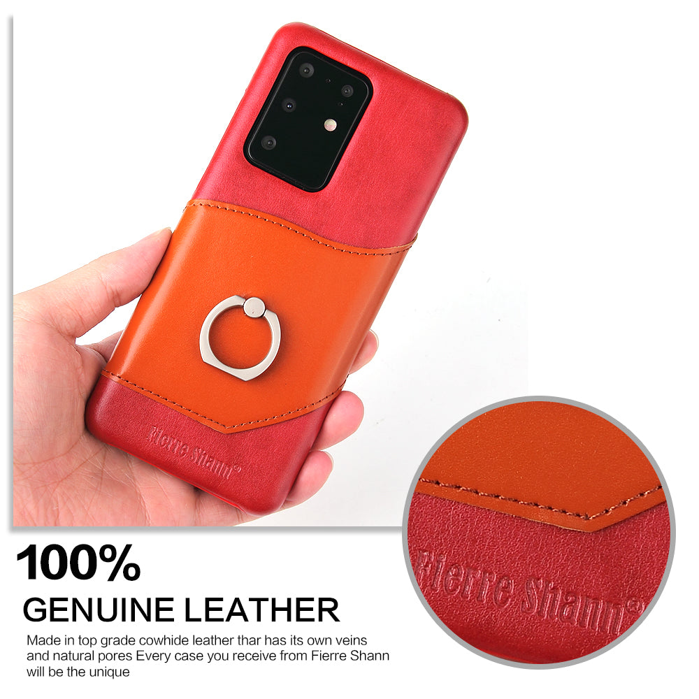 FIERRE SHANN Knight Oil Wax Genuine Leather Coated PC Shell with Card Slot for Samsung Galaxy S20 Ultra - Red