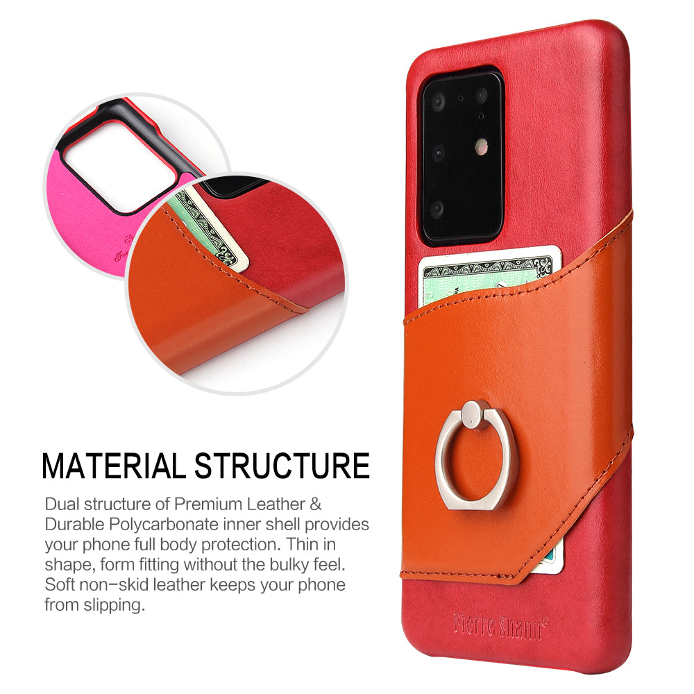 FIERRE SHANN Knight Oil Wax Genuine Leather Coated PC Shell with Card Slot for Samsung Galaxy S20 Ultra - Red