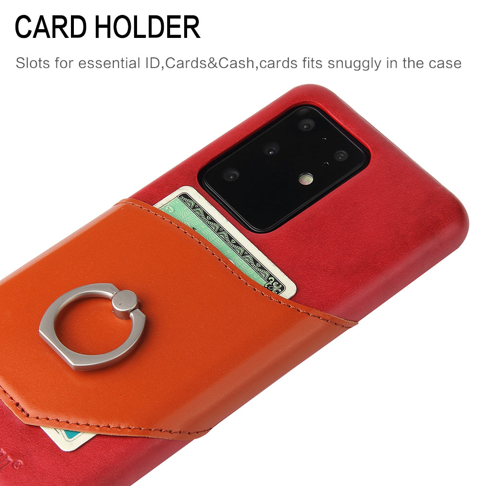 FIERRE SHANN Knight Oil Wax Genuine Leather Coated PC Shell with Card Slot for Samsung Galaxy S20 Ultra - Red