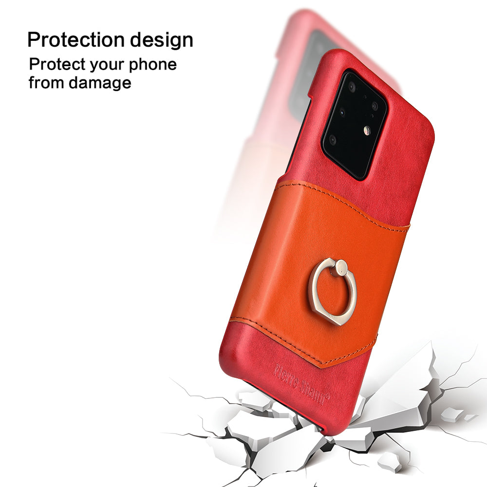 FIERRE SHANN Knight Oil Wax Genuine Leather Coated PC Shell with Card Slot for Samsung Galaxy S20 Ultra - Red