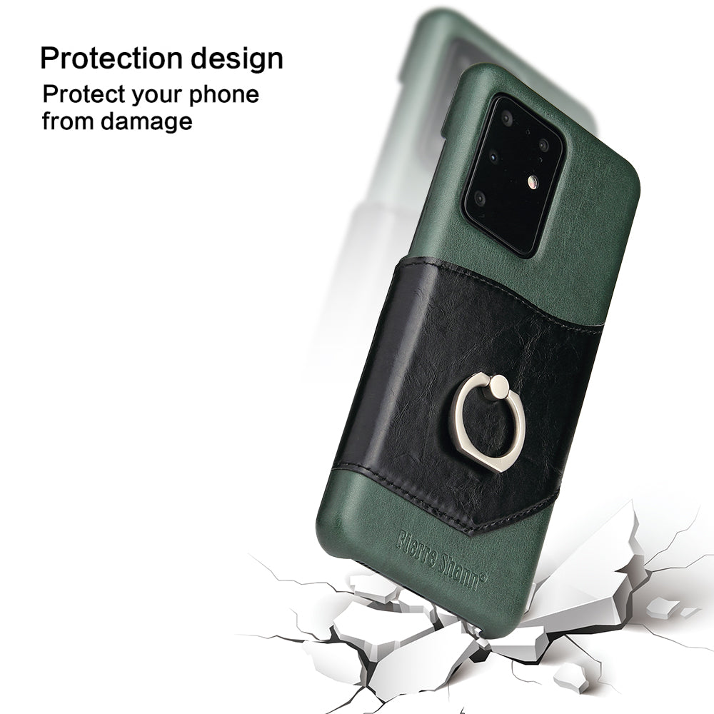 FIERRE SHANN Knight Oil Wax Genuine Leather Coated PC Shell with Card Slot for Samsung Galaxy S20 Ultra - Green