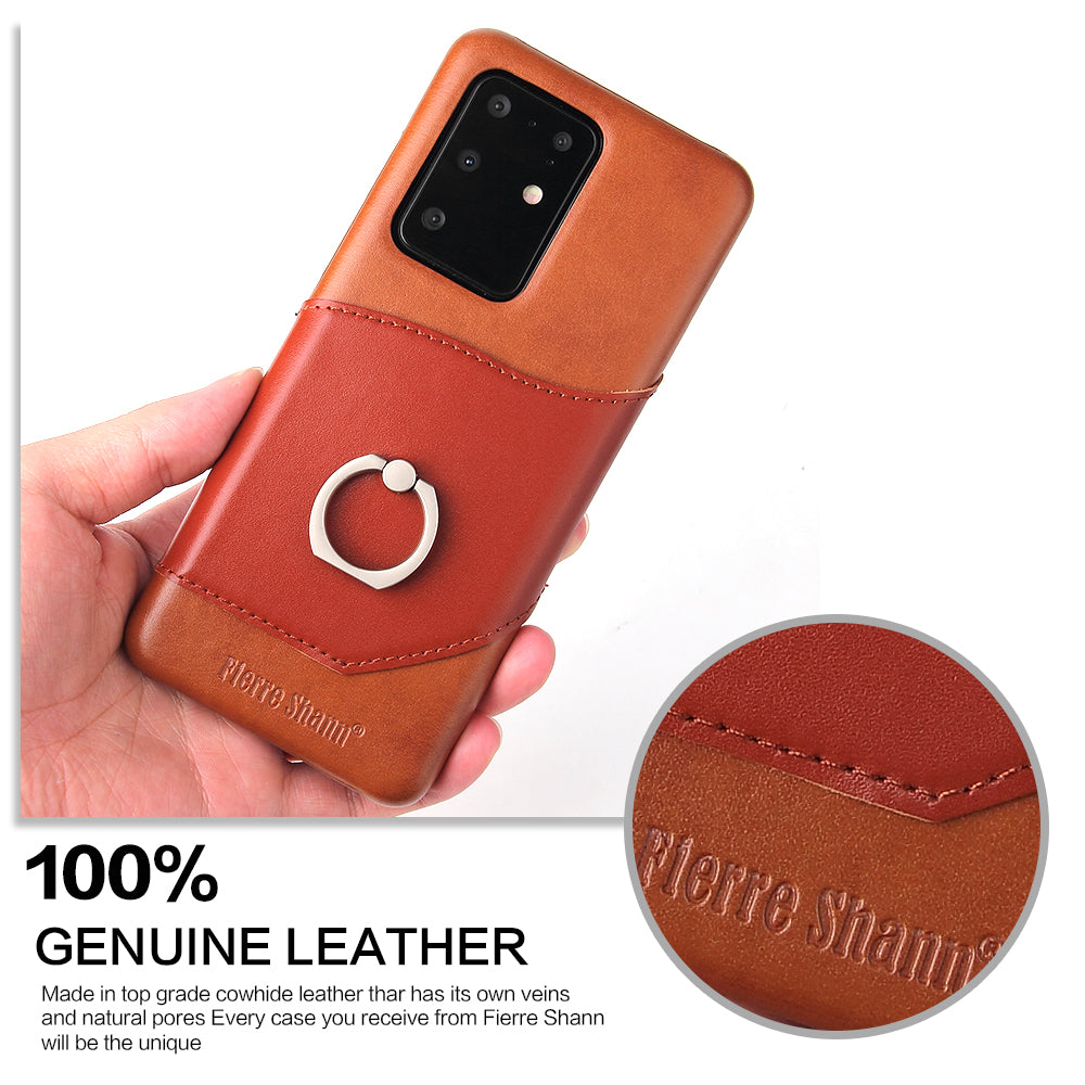 FIERRE SHANN Knight Oil Wax Genuine Leather Coated PC Shell with Card Slot for Samsung Galaxy S20 Ultra - Brown