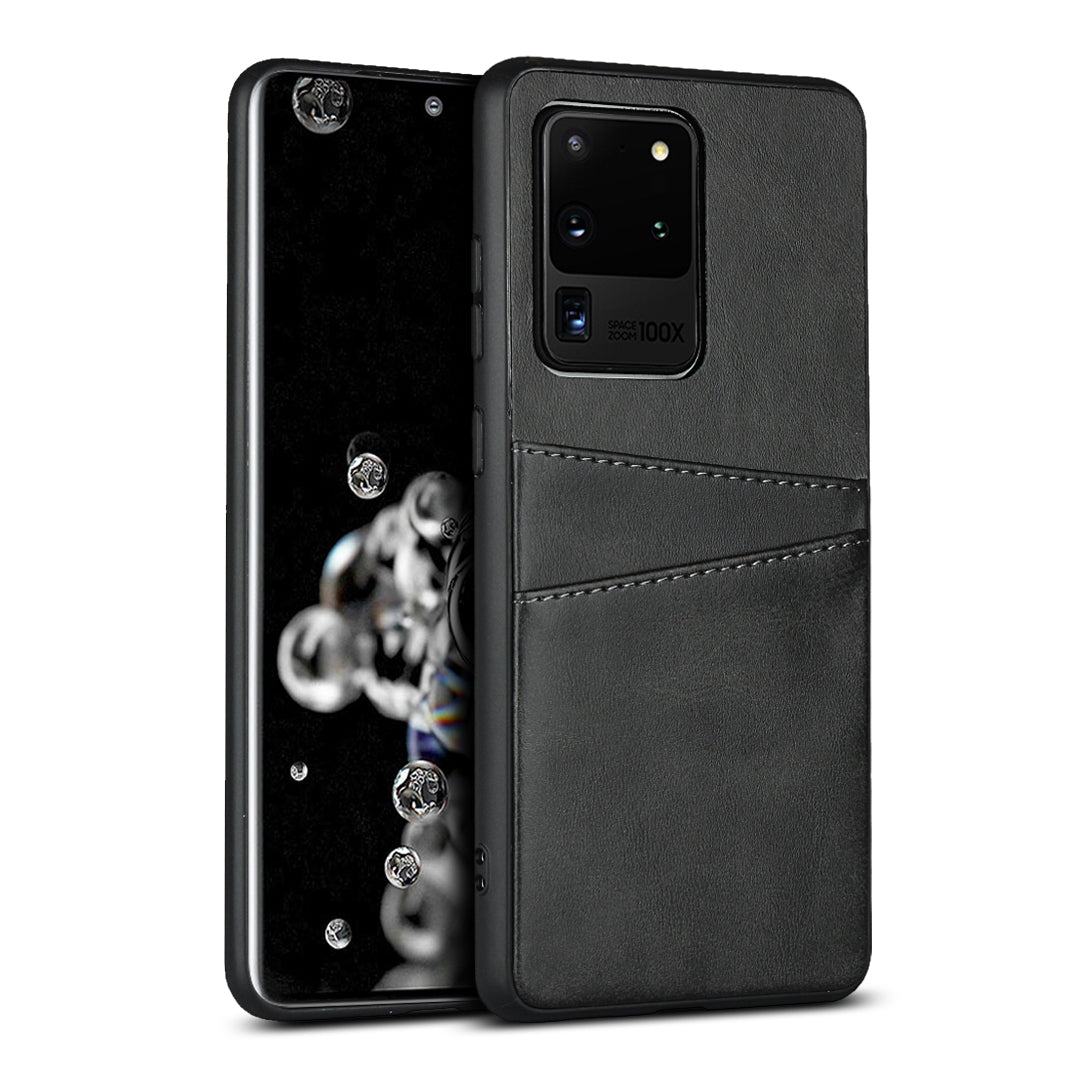 PU Leather+TPU Phone Case Dual Card Slots Cover for Samsung Galaxy S20 Ultra - Black