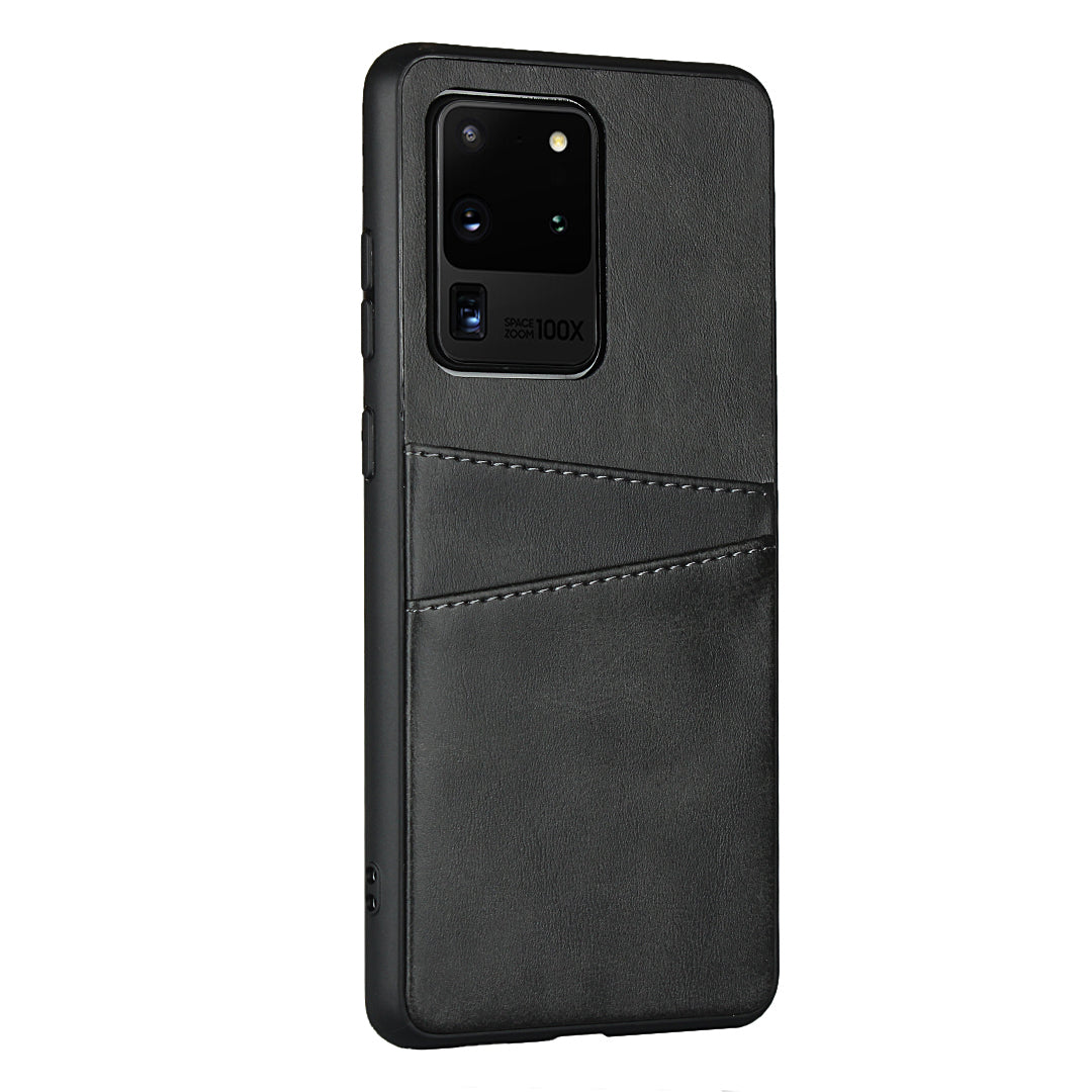 PU Leather+TPU Phone Case Dual Card Slots Cover for Samsung Galaxy S20 Ultra - Black