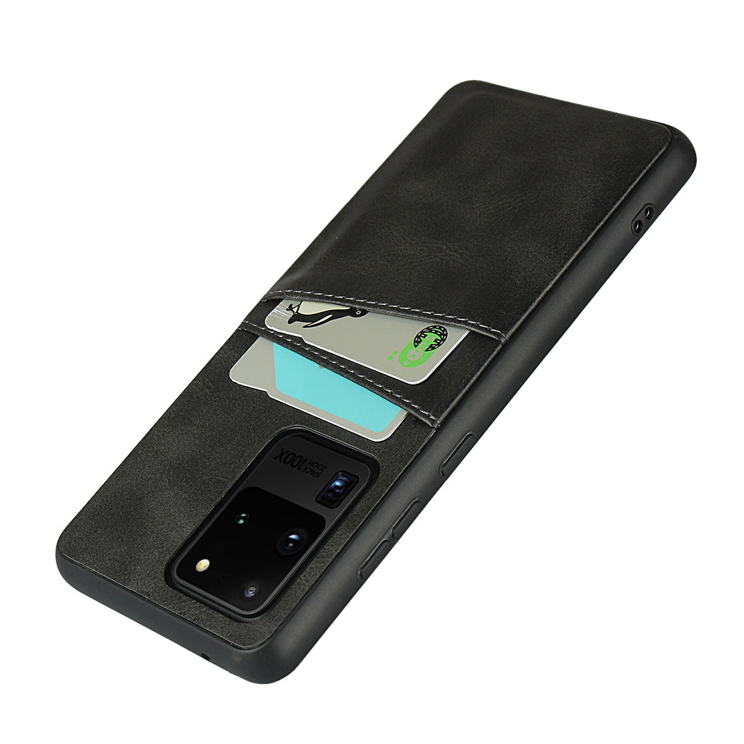 PU Leather+TPU Phone Case Dual Card Slots Cover for Samsung Galaxy S20 Ultra - Black