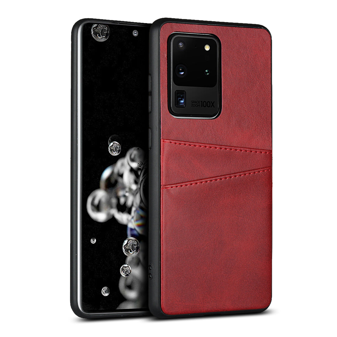 PU Leather+TPU Phone Case Dual Card Slots Cover for Samsung Galaxy S20 Ultra - Red