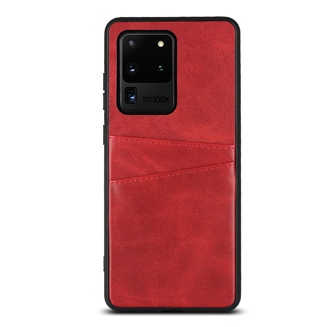 PU Leather+TPU Phone Case Dual Card Slots Cover for Samsung Galaxy S20 Ultra - Red