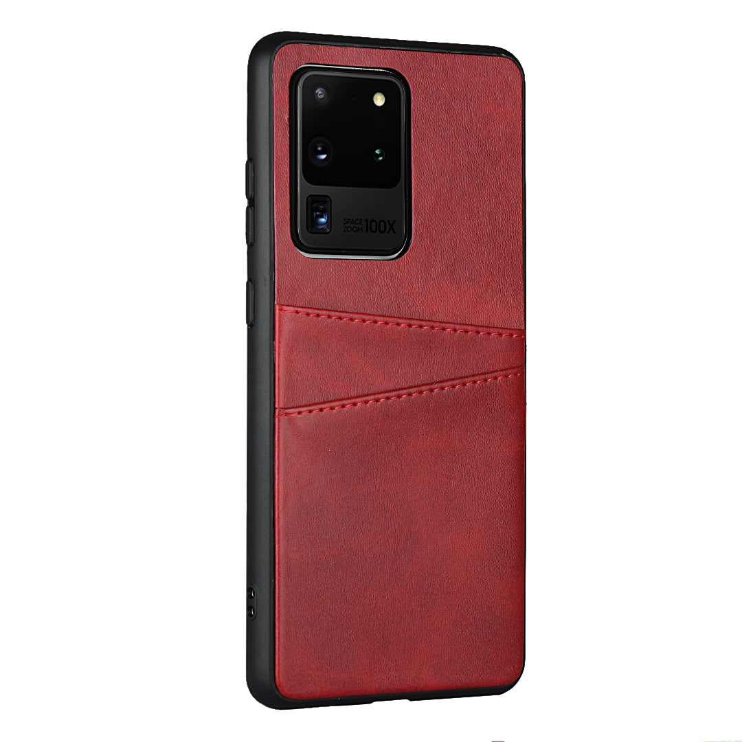 PU Leather+TPU Phone Case Dual Card Slots Cover for Samsung Galaxy S20 Ultra - Red