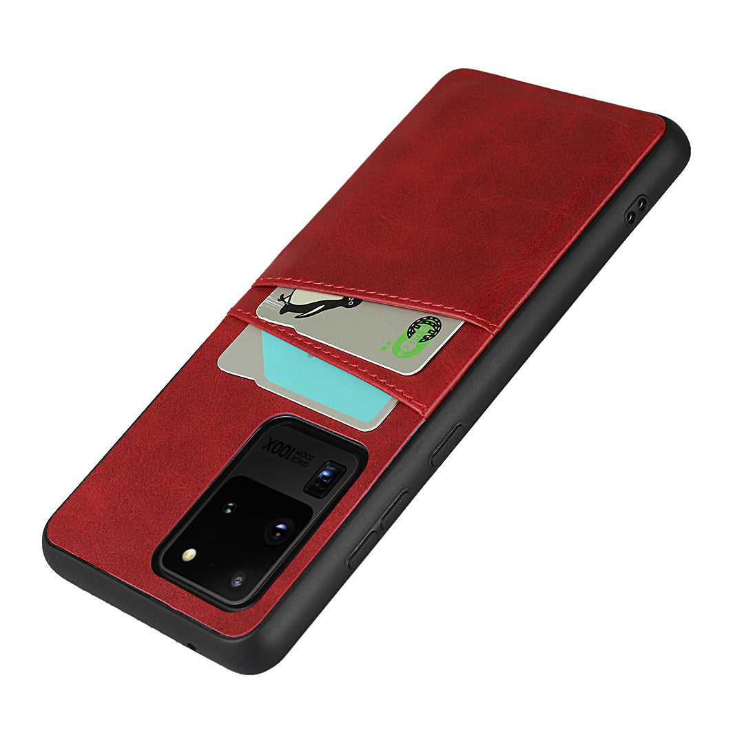 PU Leather+TPU Phone Case Dual Card Slots Cover for Samsung Galaxy S20 Ultra - Red