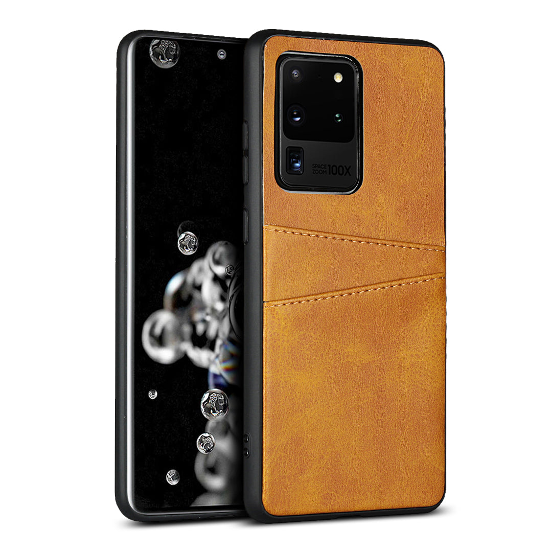 PU Leather+TPU Phone Case Dual Card Slots Cover for Samsung Galaxy S20 Ultra - Brown