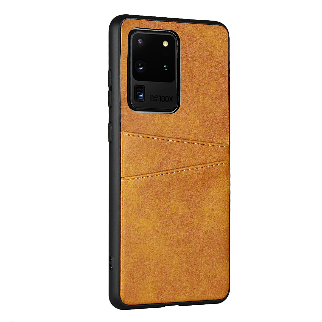 PU Leather+TPU Phone Case Dual Card Slots Cover for Samsung Galaxy S20 Ultra - Brown