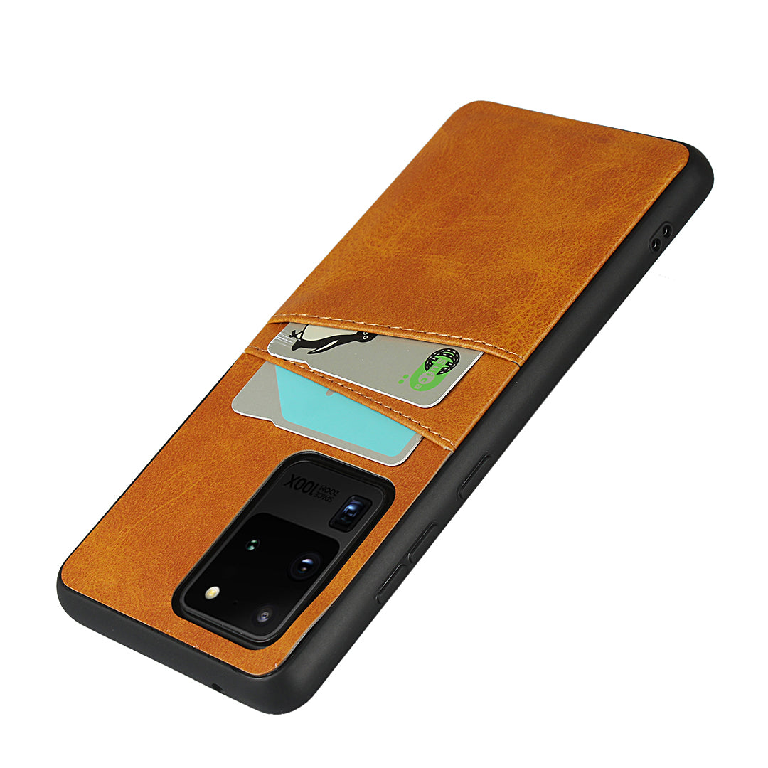 PU Leather+TPU Phone Case Dual Card Slots Cover for Samsung Galaxy S20 Ultra - Brown