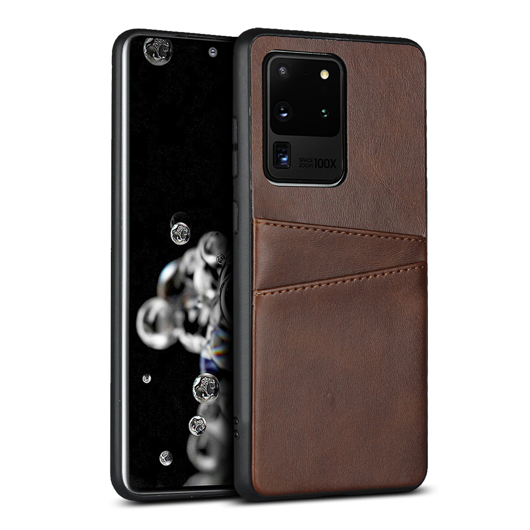 PU Leather+TPU Phone Case Dual Card Slots Cover for Samsung Galaxy S20 Ultra - Coffee