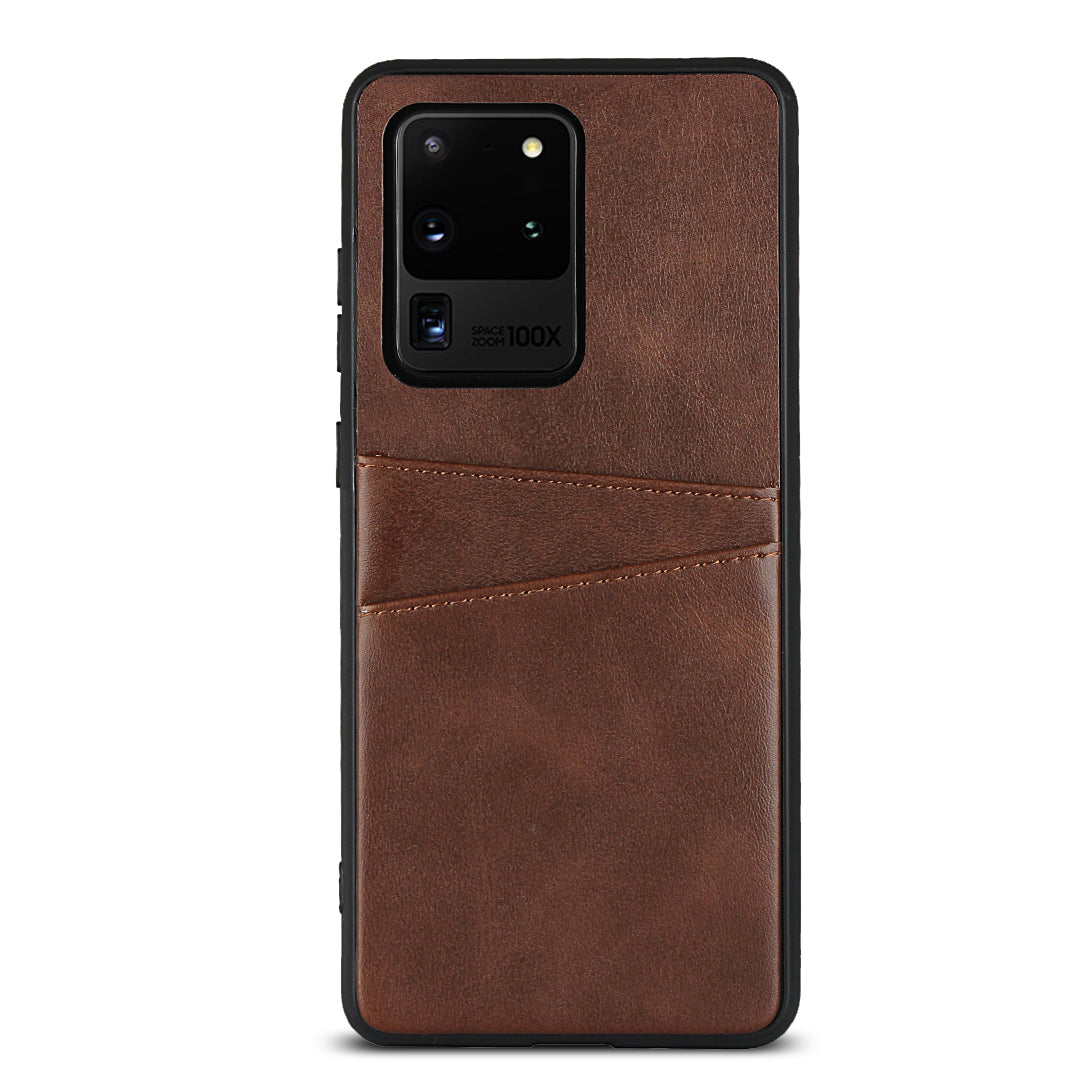 PU Leather+TPU Phone Case Dual Card Slots Cover for Samsung Galaxy S20 Ultra - Coffee