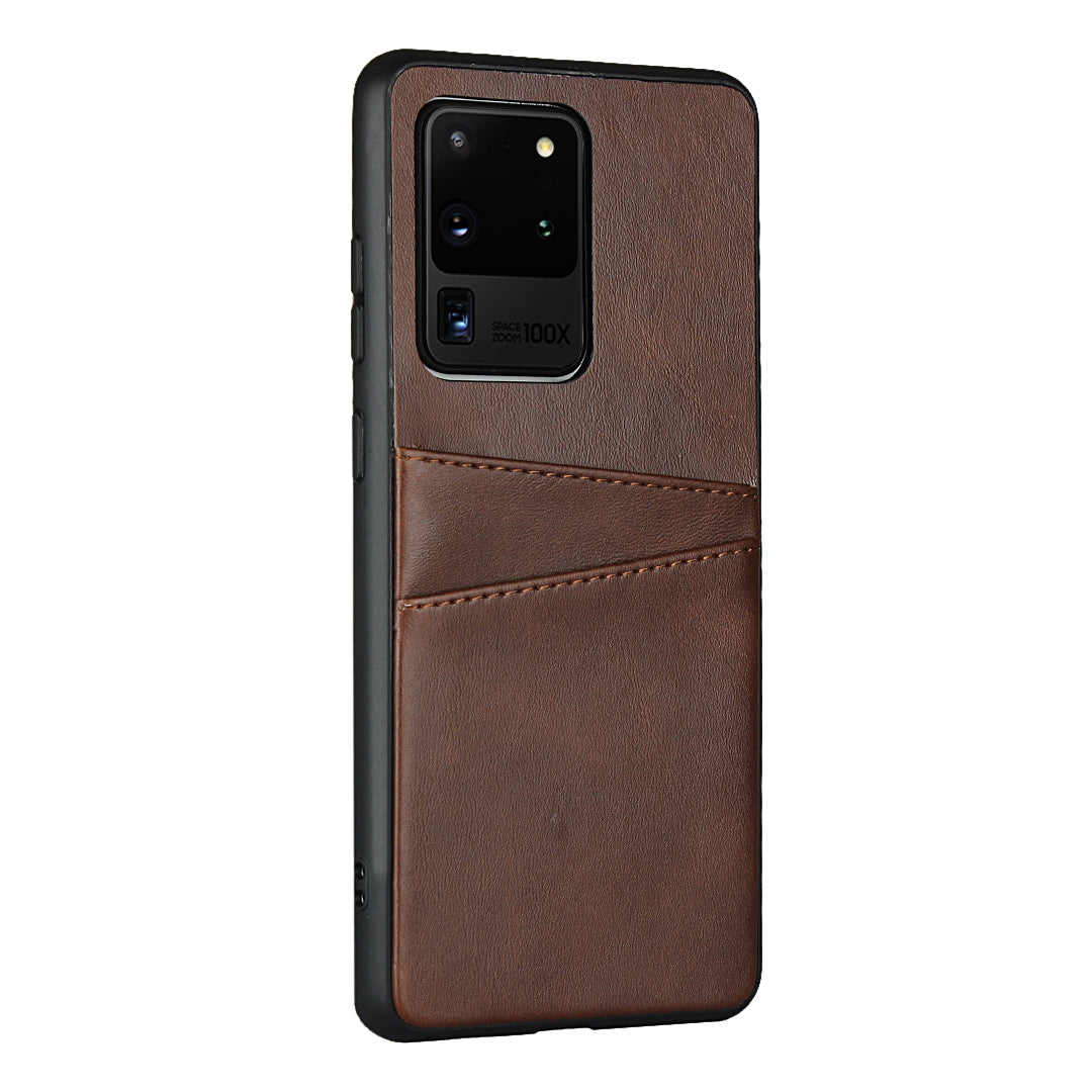 PU Leather+TPU Phone Case Dual Card Slots Cover for Samsung Galaxy S20 Ultra - Coffee