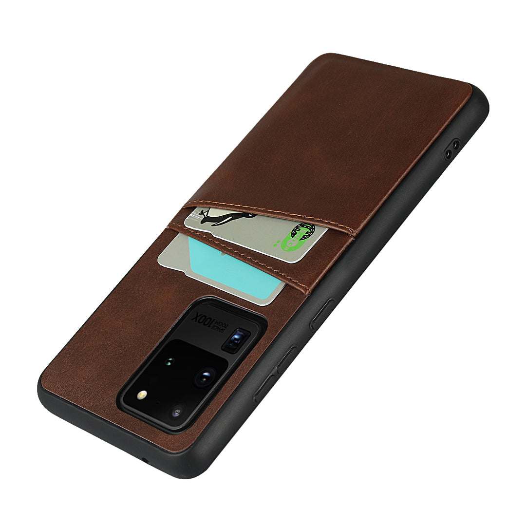 PU Leather+TPU Phone Case Dual Card Slots Cover for Samsung Galaxy S20 Ultra - Coffee