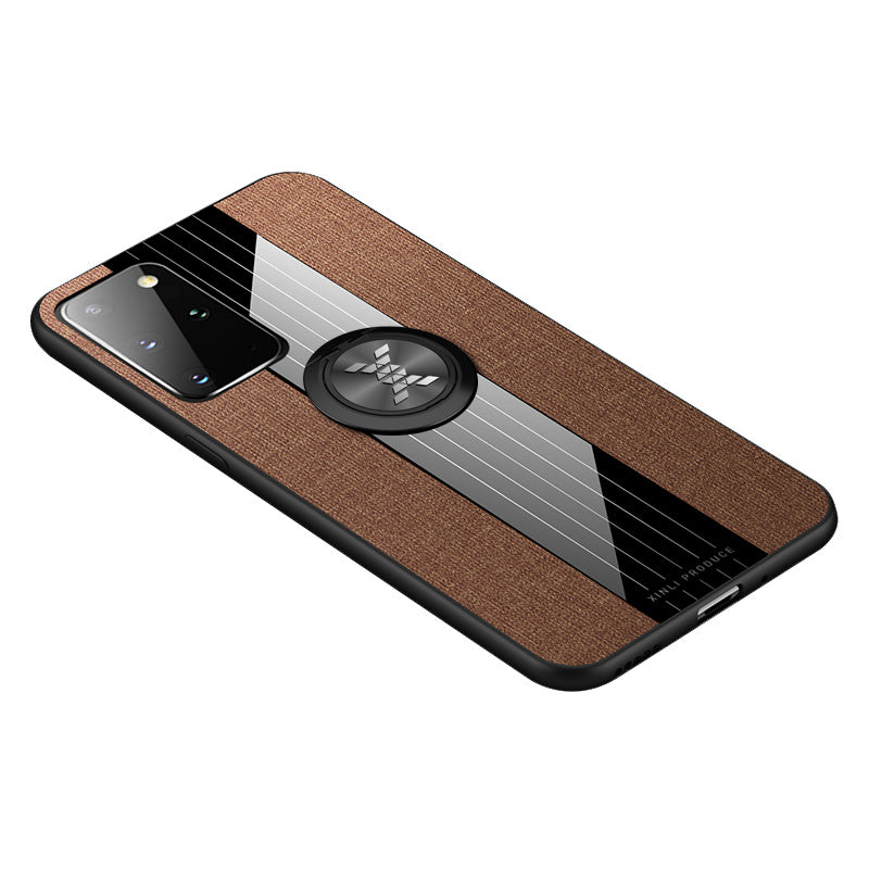 Splicing Cloth Texture Finger Ring Kickstand TPU + Acrylic + Metal Combo Shell [Built-in Magnetic Metal Sheet] for Samsung Galaxy S20 Ultra - Brown