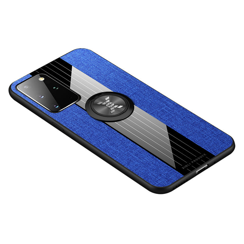 Splicing Cloth Texture Finger Ring Kickstand TPU + Acrylic + Metal Combo Shell [Built-in Magnetic Metal Sheet] for Samsung Galaxy S20 Ultra - Blue