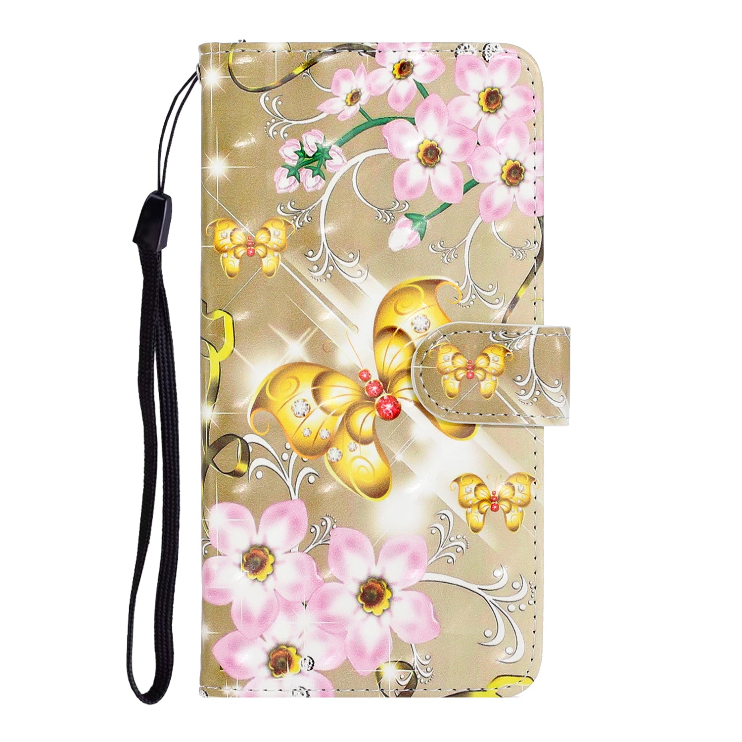 Light Spot Decor Patterned Leather Wallet Cover for Samsung Galaxy S20 4G/S20 5G - Flowers and Gold Butterfly