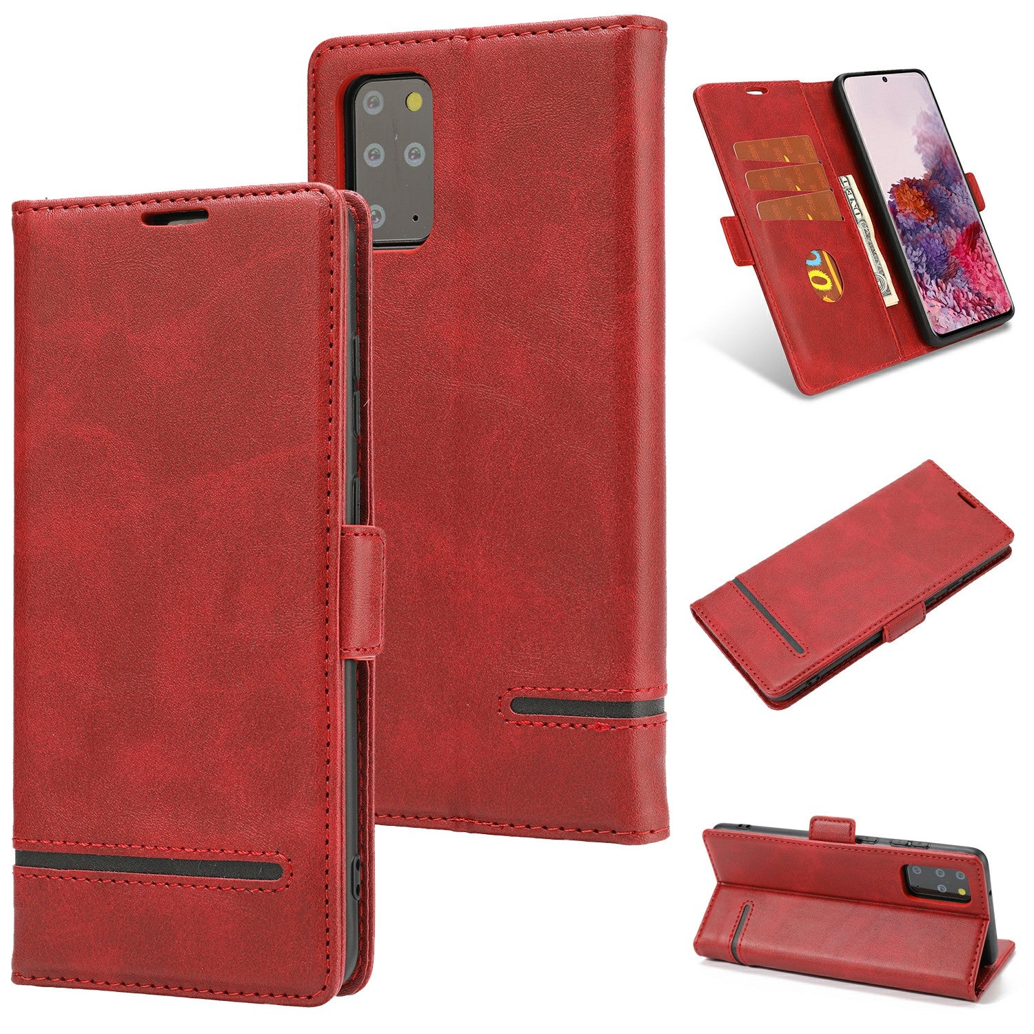 Magnetic Leather Protective Cover Wallet Shell for Samsung Galaxy S20 Plus - Red