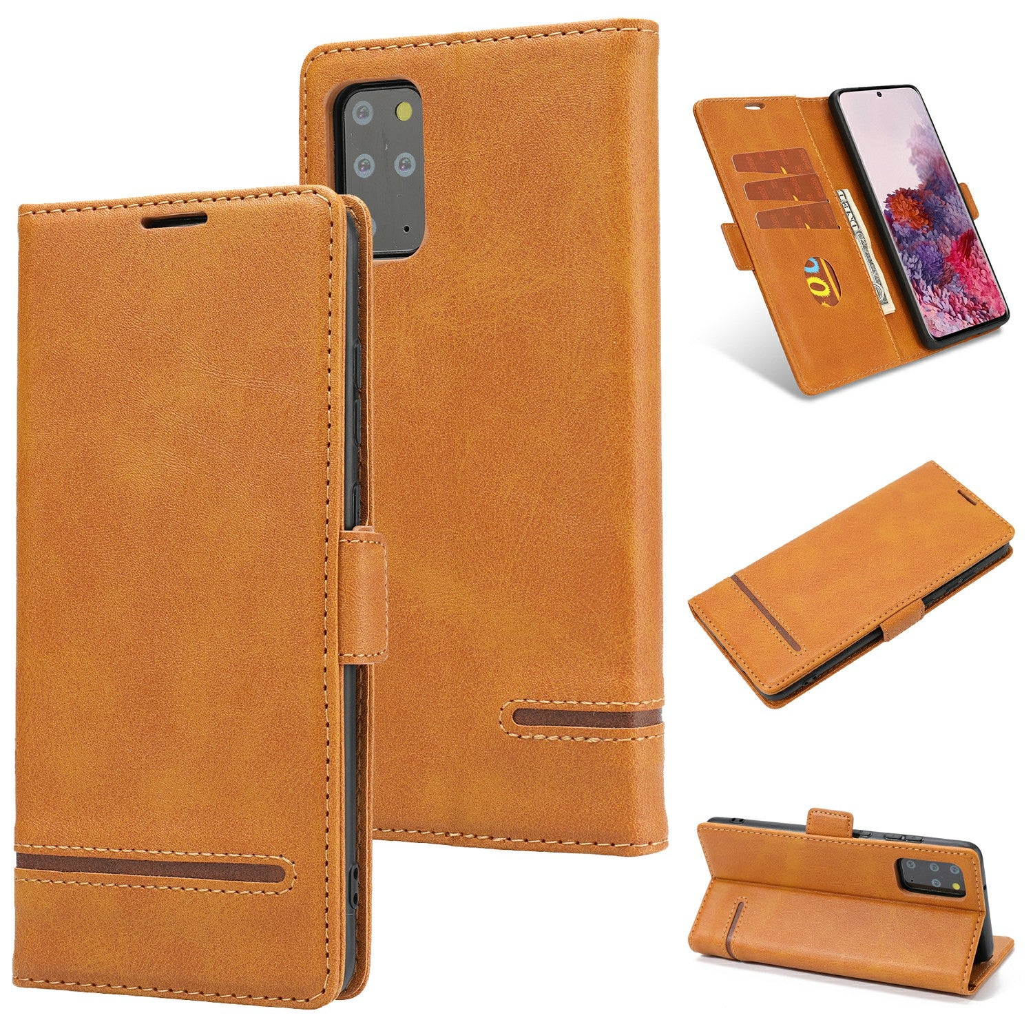 Magnetic Leather Protective Cover Wallet Shell for Samsung Galaxy S20 Plus - Brown