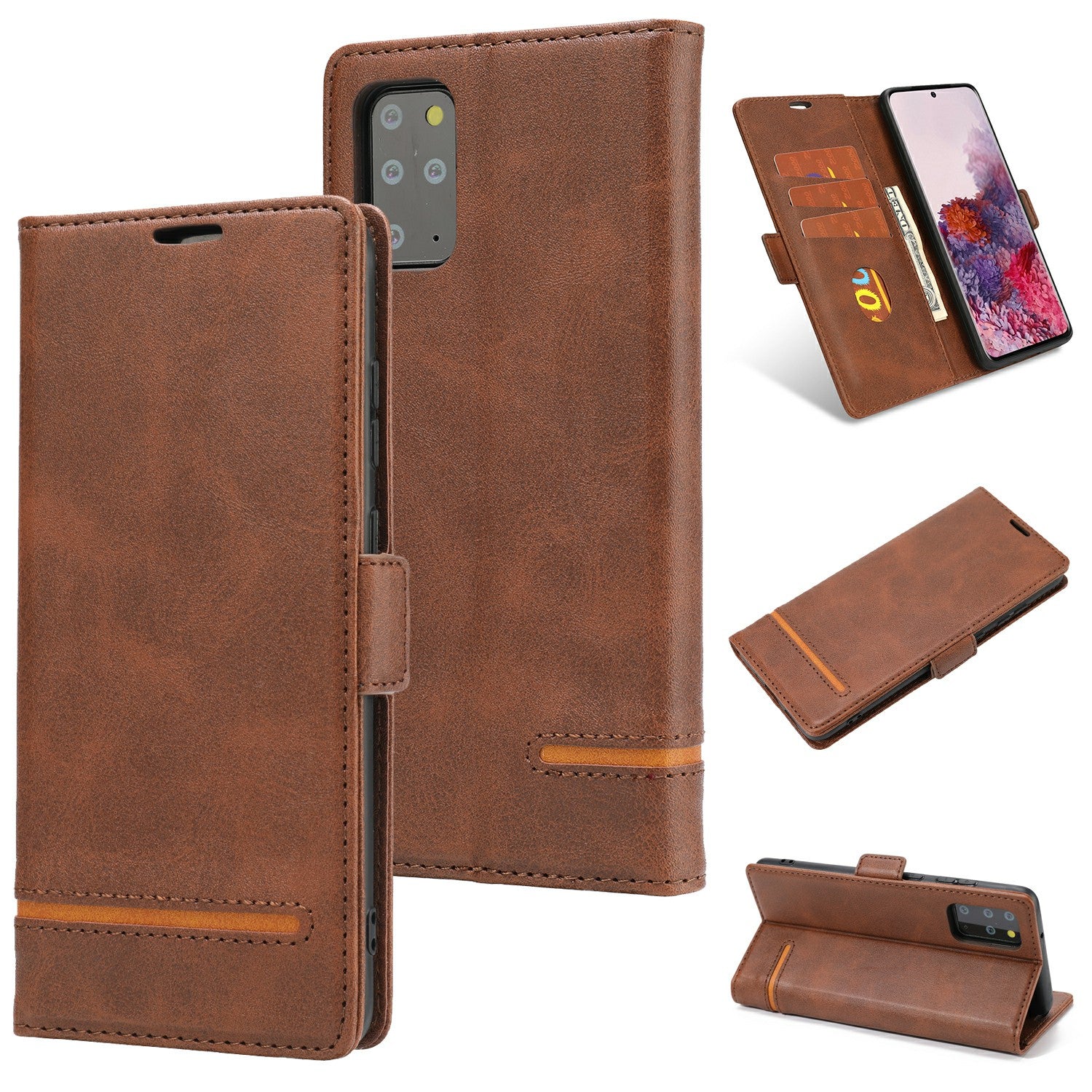 Magnetic Leather Protective Cover Wallet Shell for Samsung Galaxy S20 Plus - Coffee