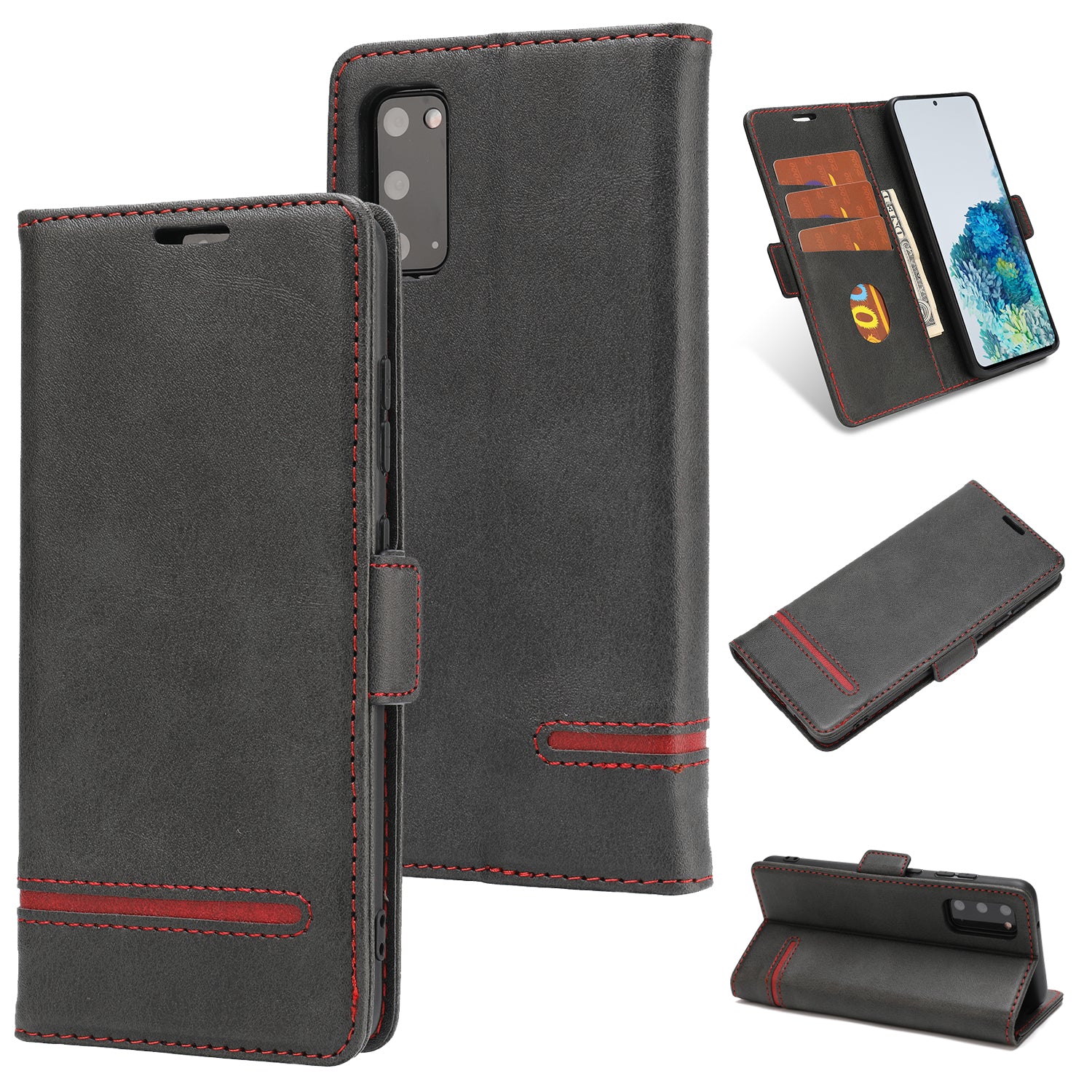 Wallet Stand Magnetic Leather Phone Casing for Samsung Galaxy S20 4G/S20 5G - Black