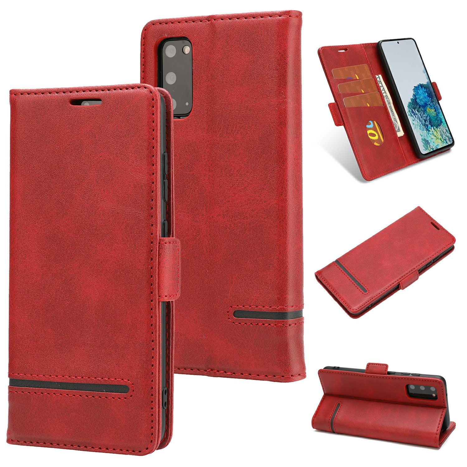 Wallet Stand Magnetic Leather Phone Casing for Samsung Galaxy S20 4G/S20 5G - Red