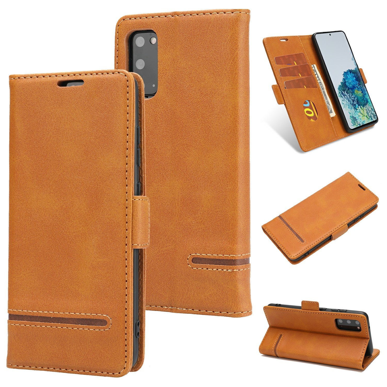 Wallet Stand Magnetic Leather Phone Casing for Samsung Galaxy S20 4G/S20 5G - Brown