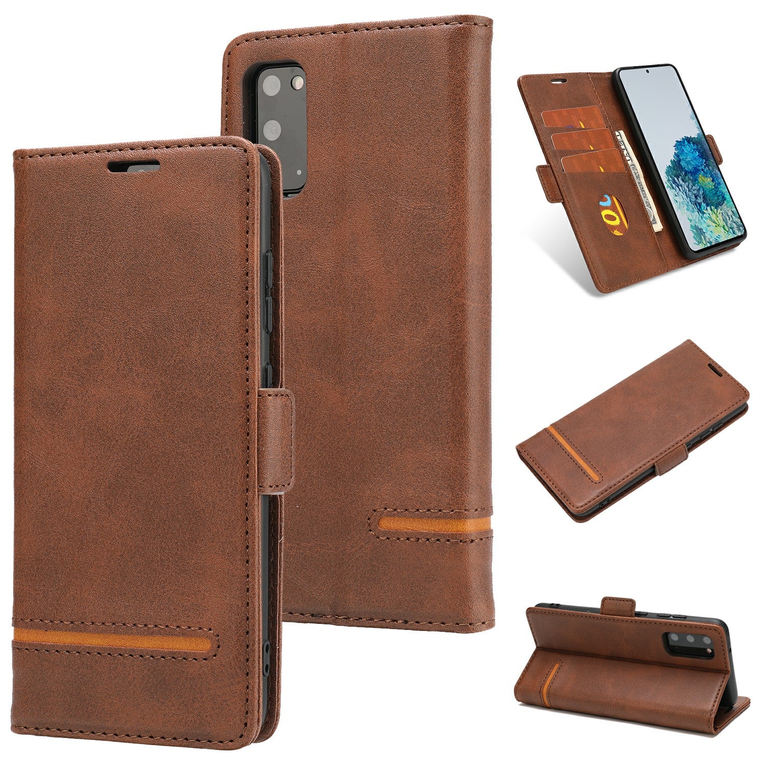 Wallet Stand Magnetic Leather Phone Casing for Samsung Galaxy S20 4G/S20 5G - Coffee