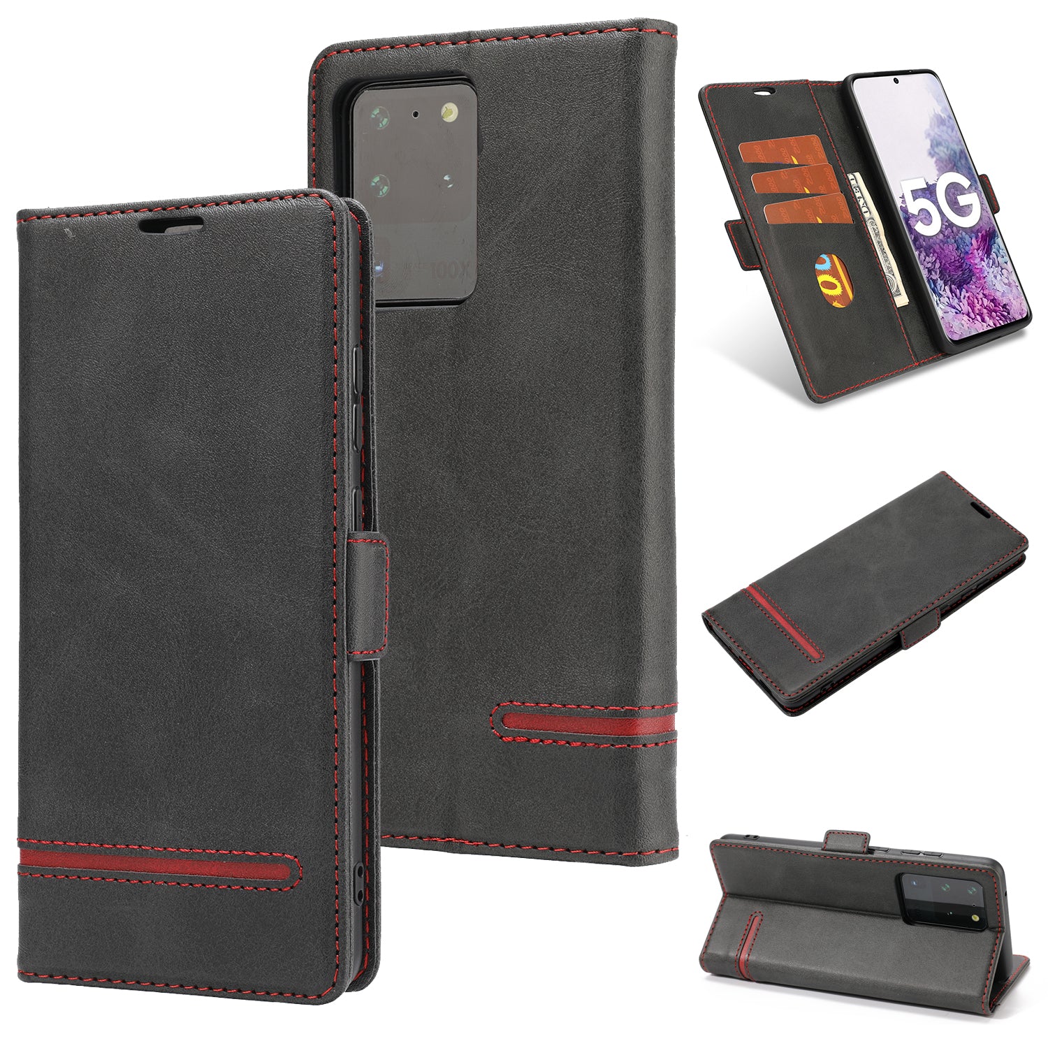 PU Leather Wallet Magnetic Mobile Phone Shell for Samsung Galaxy S20 Ultra - Black