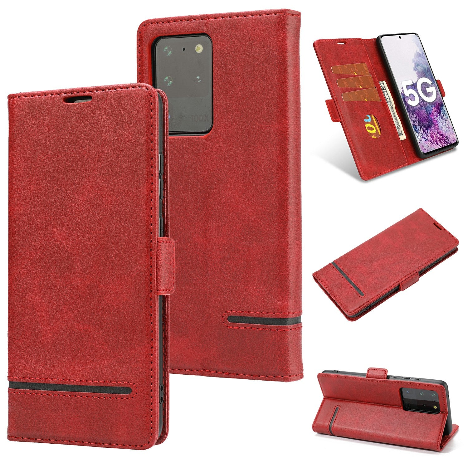 PU Leather Wallet Magnetic Mobile Phone Shell for Samsung Galaxy S20 Ultra - Red