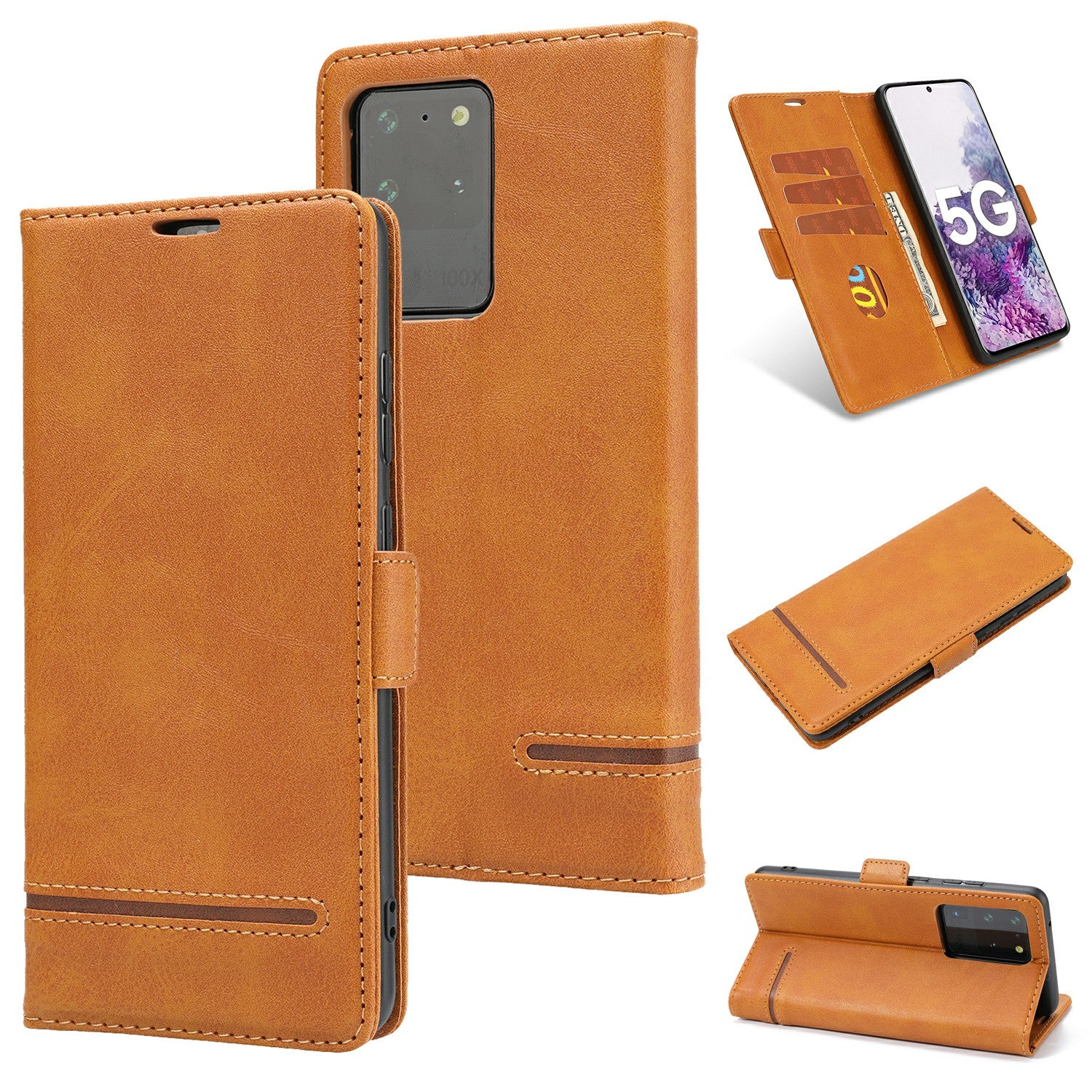 PU Leather Wallet Magnetic Mobile Phone Shell for Samsung Galaxy S20 Ultra - Brown