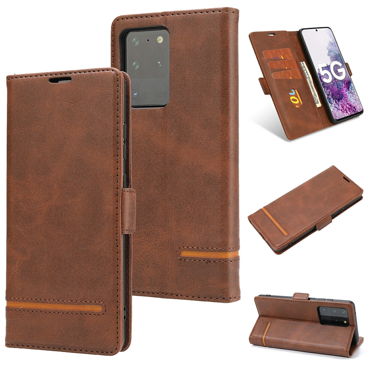 PU Leather Wallet Magnetic Mobile Phone Shell for Samsung Galaxy S20 Ultra - Coffee