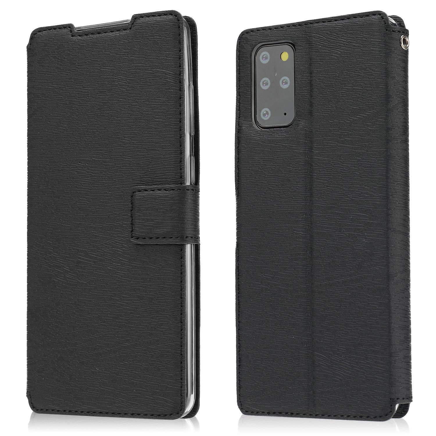 Wood Grain Leather Stand Card Slots Cell Phone Shell for Samsung Galaxy S20 Plus - Black