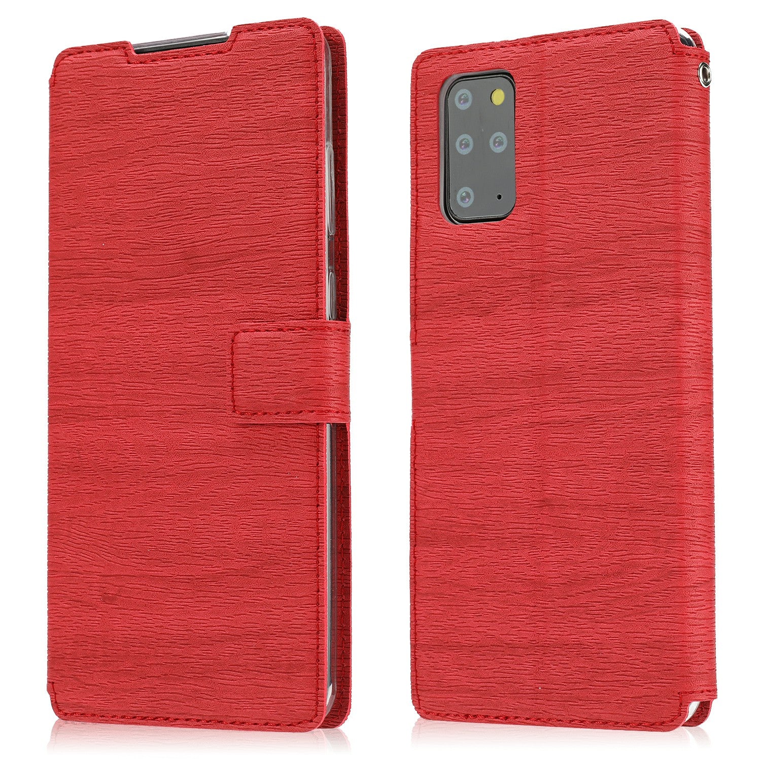 Wood Grain Leather Stand Card Slots Cell Phone Shell for Samsung Galaxy S20 Plus - Red