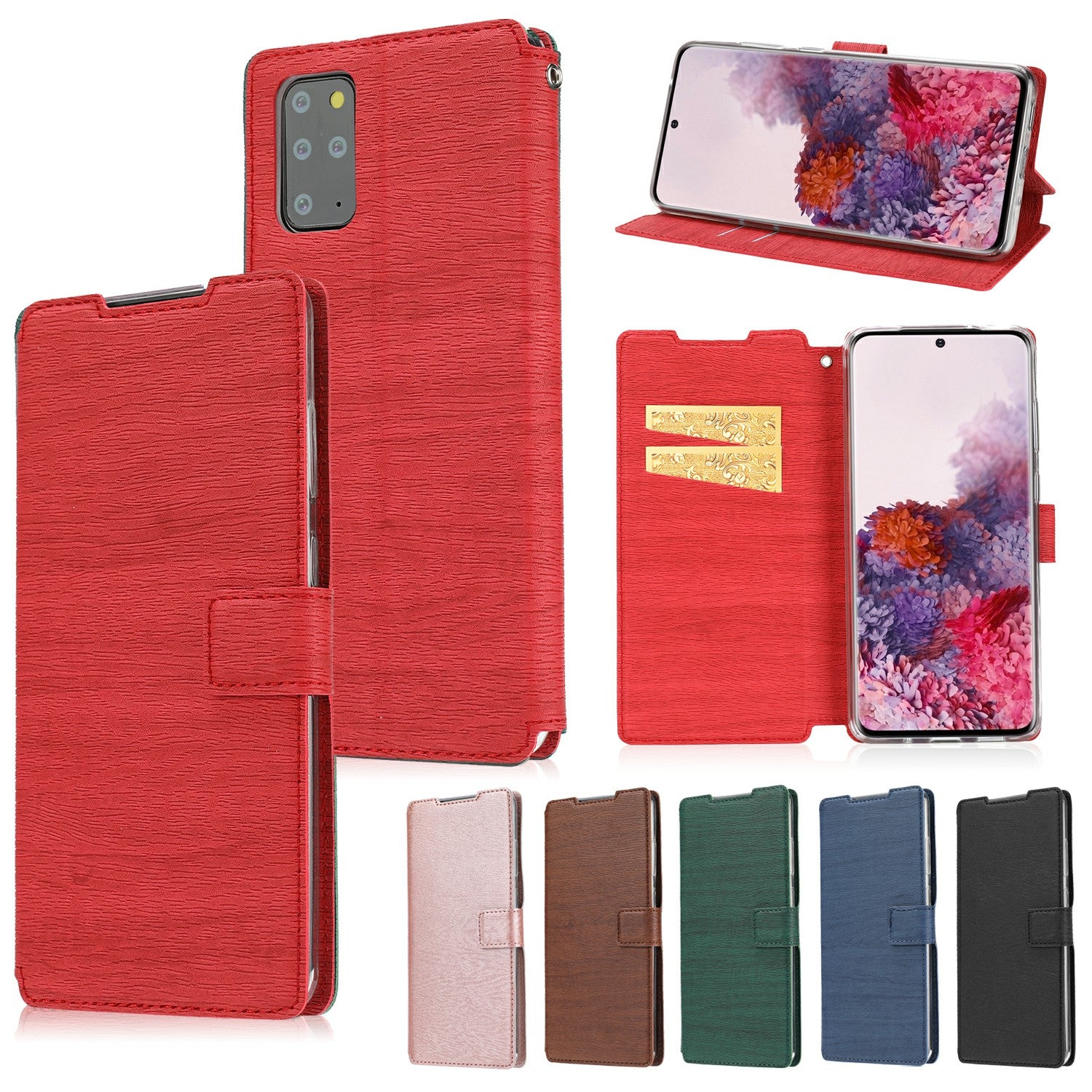 Wood Grain Leather Stand Card Slots Cell Phone Shell for Samsung Galaxy S20 Plus - Red