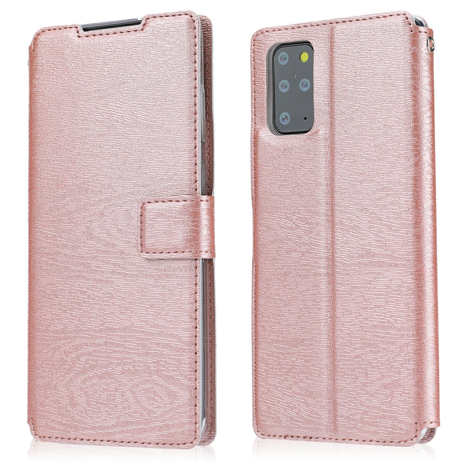 Wood Grain Leather Stand Card Slots Cell Phone Shell for Samsung Galaxy S20 Plus - Rose Gold