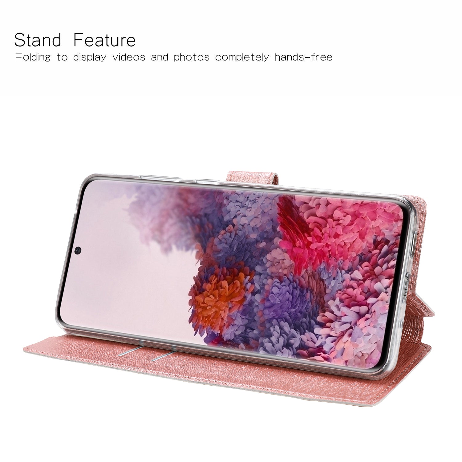 Wood Grain Leather Stand Card Slots Cell Phone Shell for Samsung Galaxy S20 Plus - Rose Gold