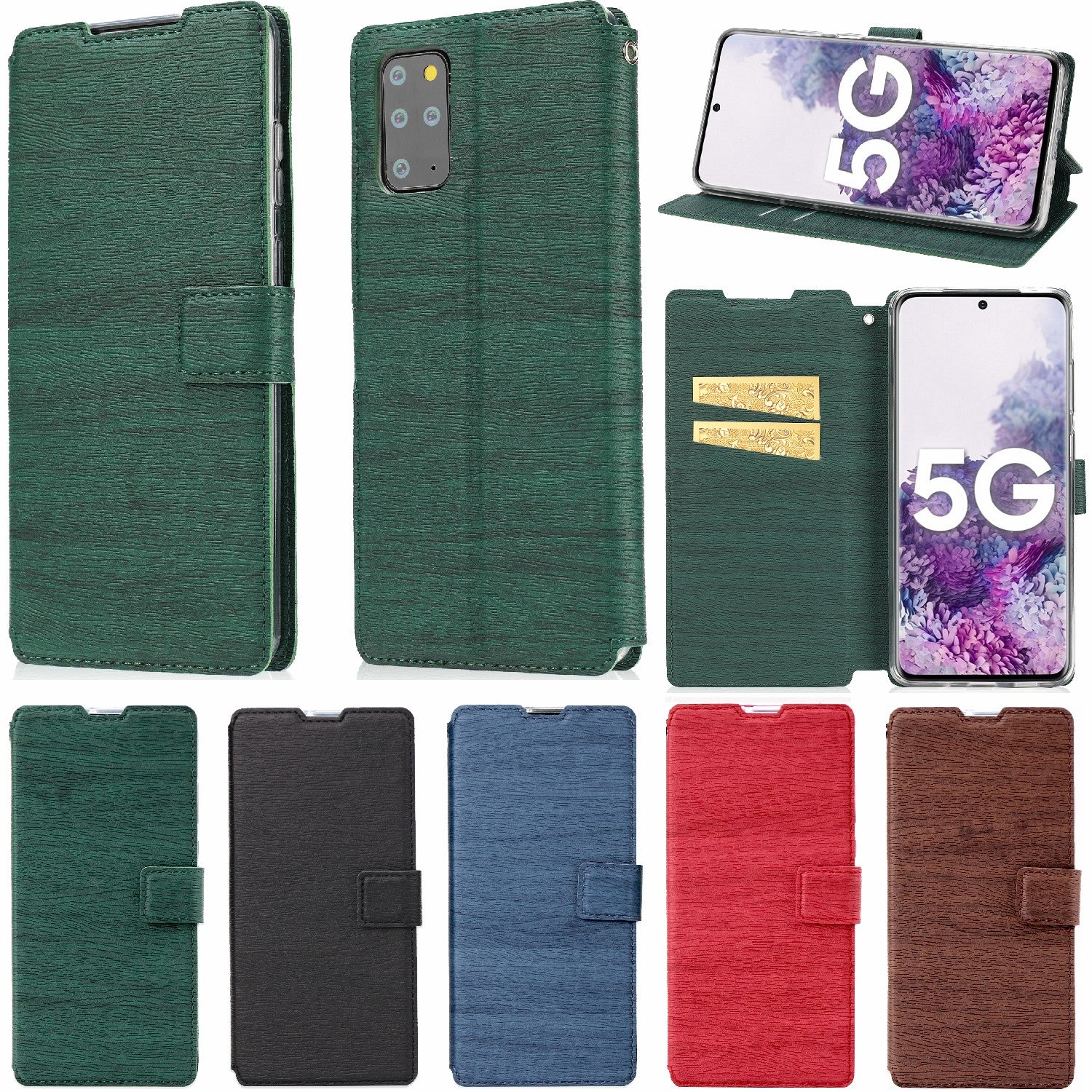 Wood Grain Leather Stand Card Slots Cell Phone Shell for Samsung Galaxy S20 Plus - Green