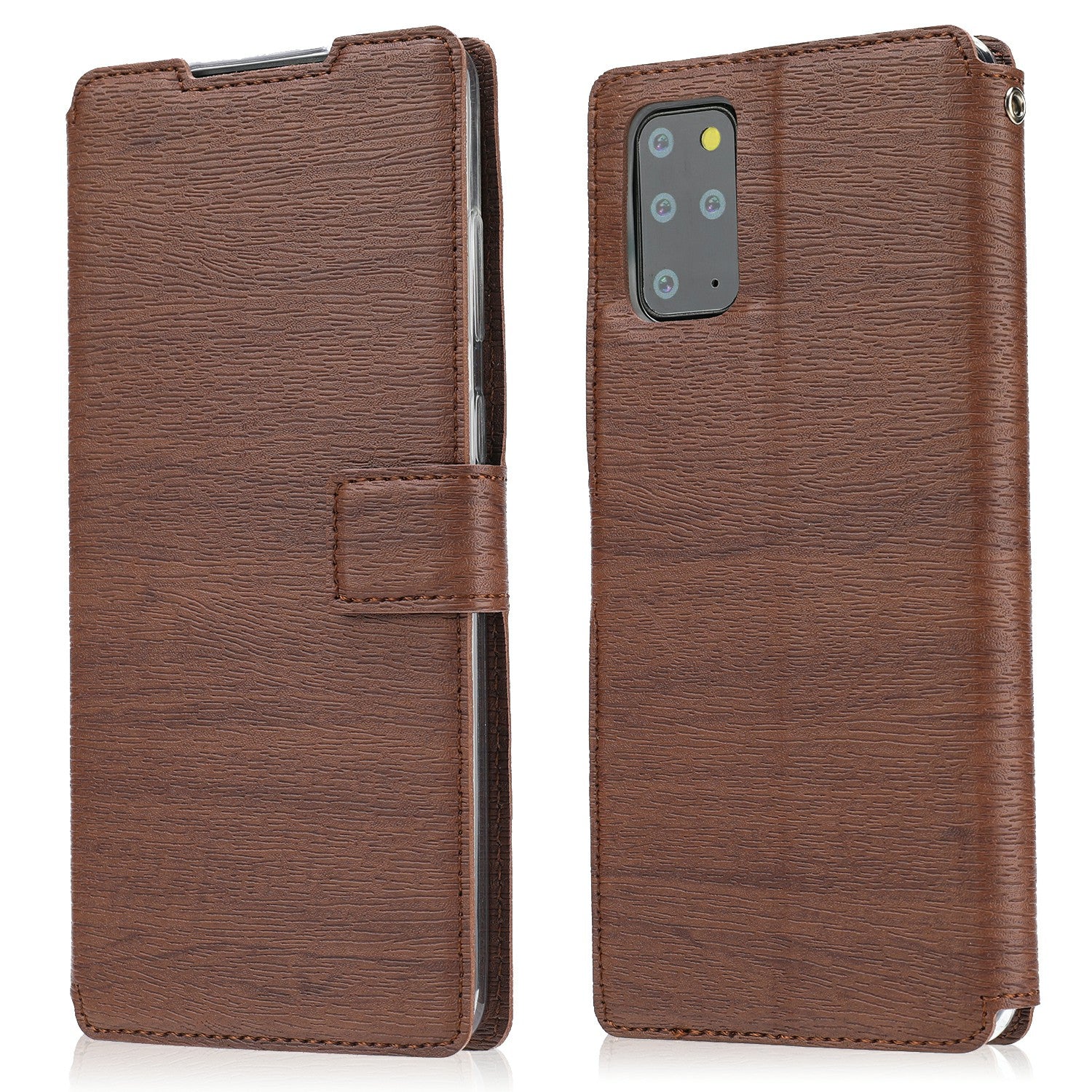 Wood Grain Leather Stand Card Slots Cell Phone Shell for Samsung Galaxy S20 Plus - Brown