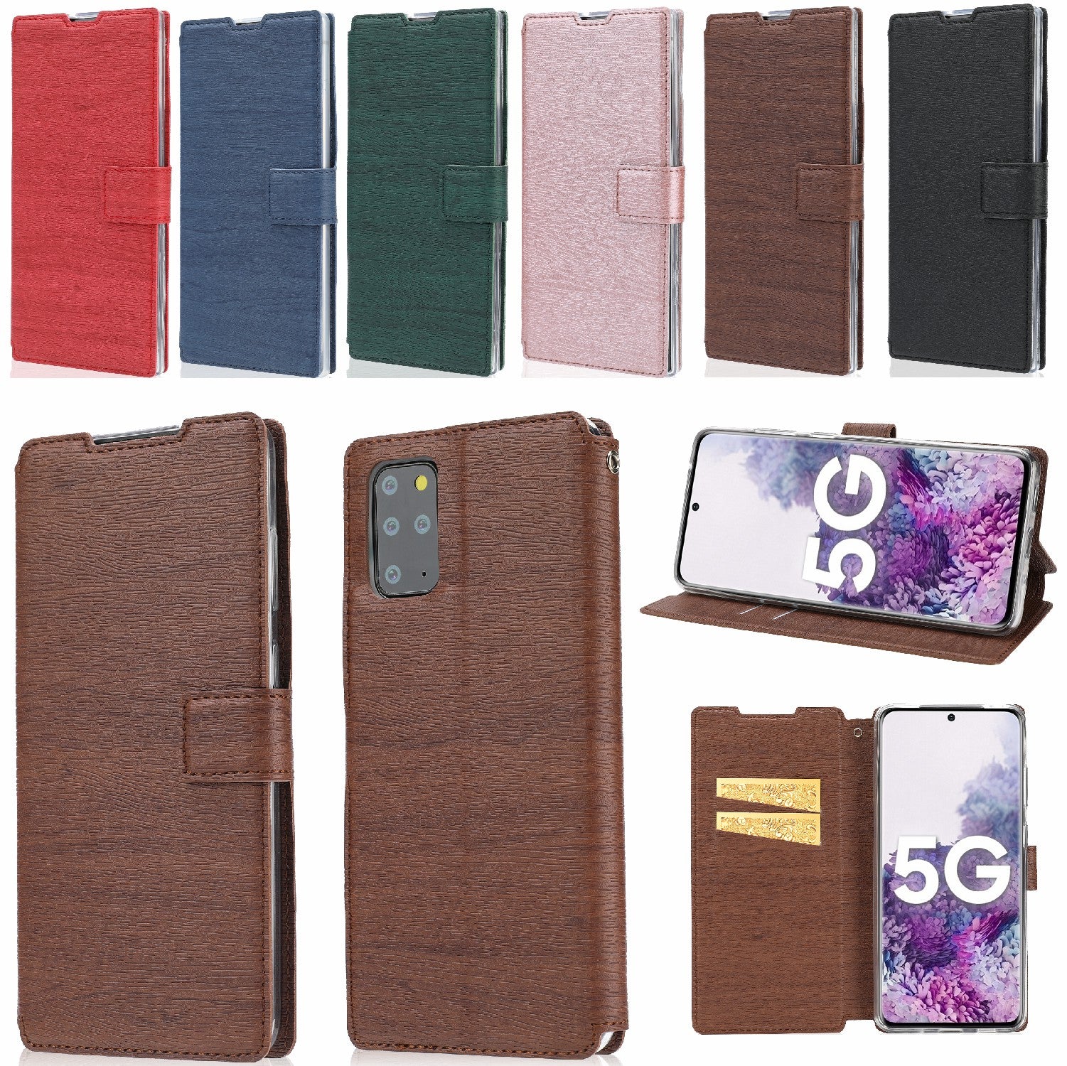 Wood Grain Leather Stand Card Slots Cell Phone Shell for Samsung Galaxy S20 Plus - Brown