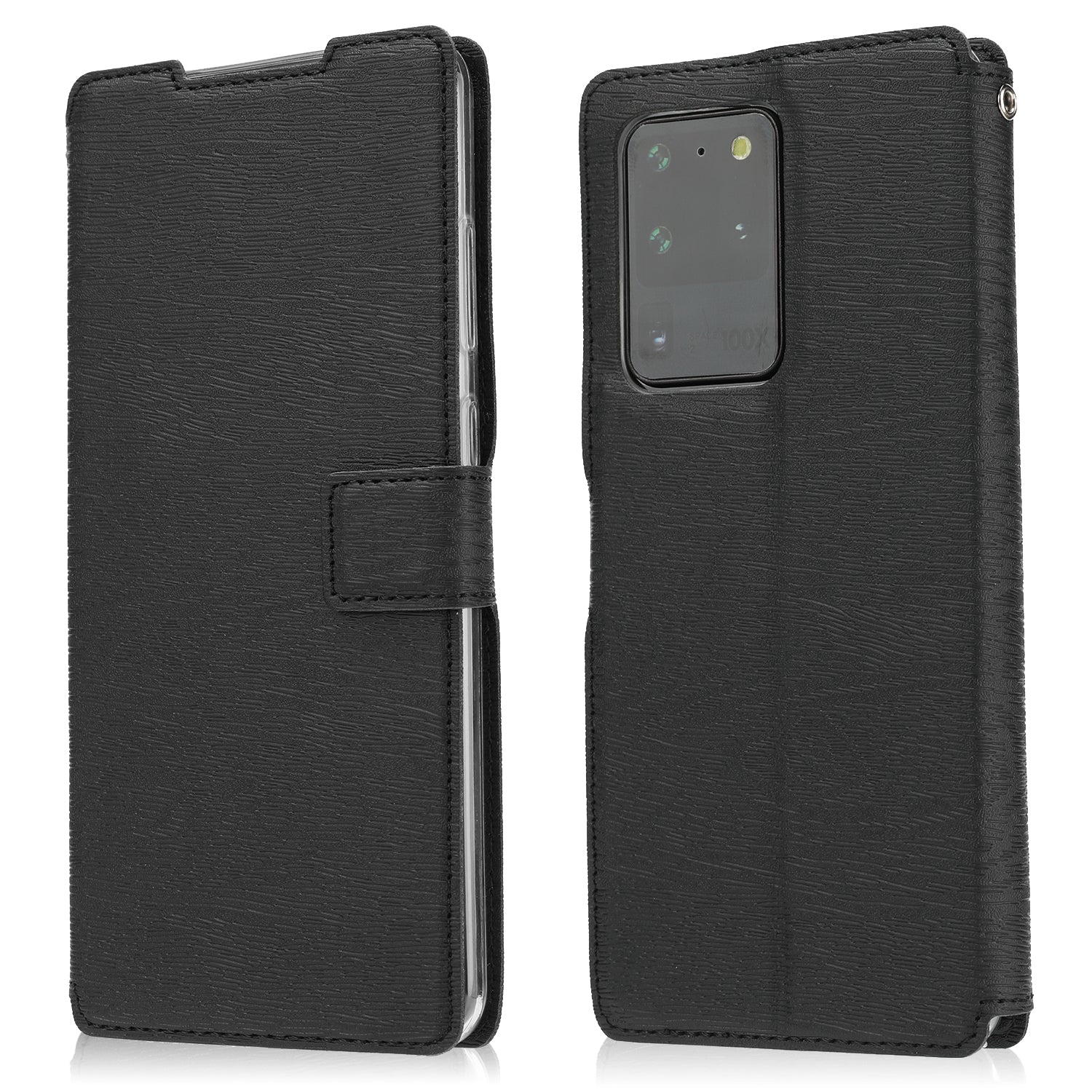 Wood Skin PU Leather Stand Card Slots TPU Casing with Hang Rope for Samsung Galaxy S20 Ultra - Black